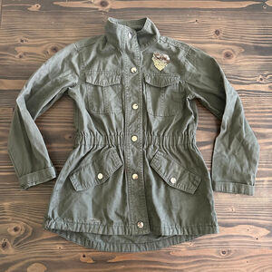 Kids Me Jane Utility Jacket Green Gold Size 7 Button Front Drawstring Heart